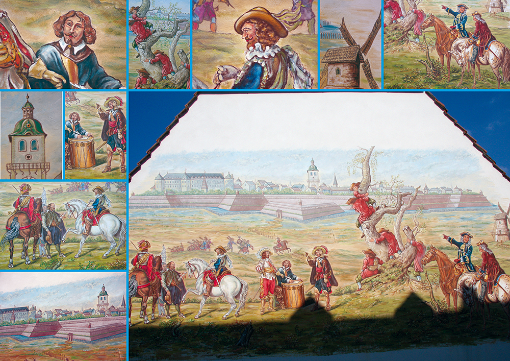 Foto des Wandbildes mit Detailaufnahmen, Darstellung von Söldnern vor der Stadtmauer